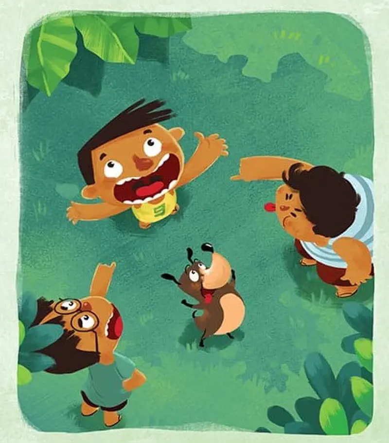 A boy in yellow shirt waves excitedly at his friends and dog in a lush green outdoor setting with tropical plants.