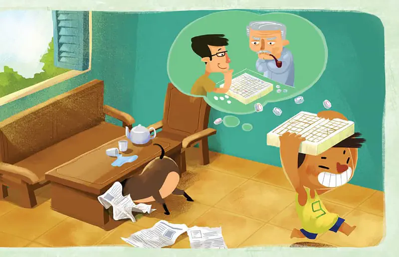 A boy holds a board game over his head while dad daydreams about playing chess with grandpa. The dog plays with newspapers on the living room floor.