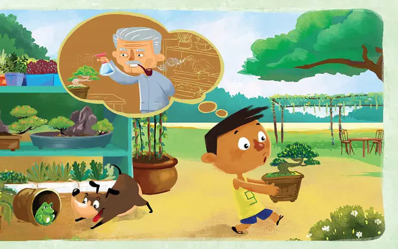 A boy carries a bonsai tree while thinking about grandpa watering plants. His dog chases a frog near a garden shelf with many bonsai plants.