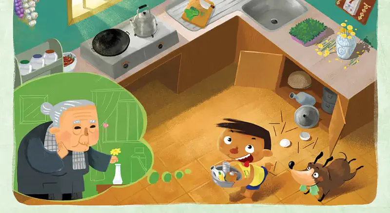 A boy carries a pot in a kitchen while thinking about grandpa smelling a flower. His dog runs beside him carrying a cloth as cups fall from a shelf.