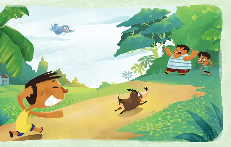 A boy in yellow shirt runs happily with his dog on a dirt path while two friends wave from the distance. A blue bird flies overhead in a tropical setting.