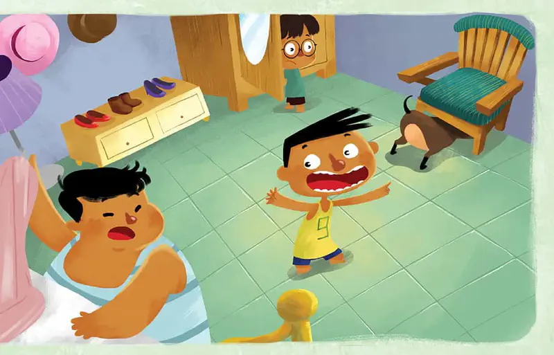 An excited boy in yellow shirt announces something in a room with a larger boy, another boy peeking through a door, and the dog running past a chair.