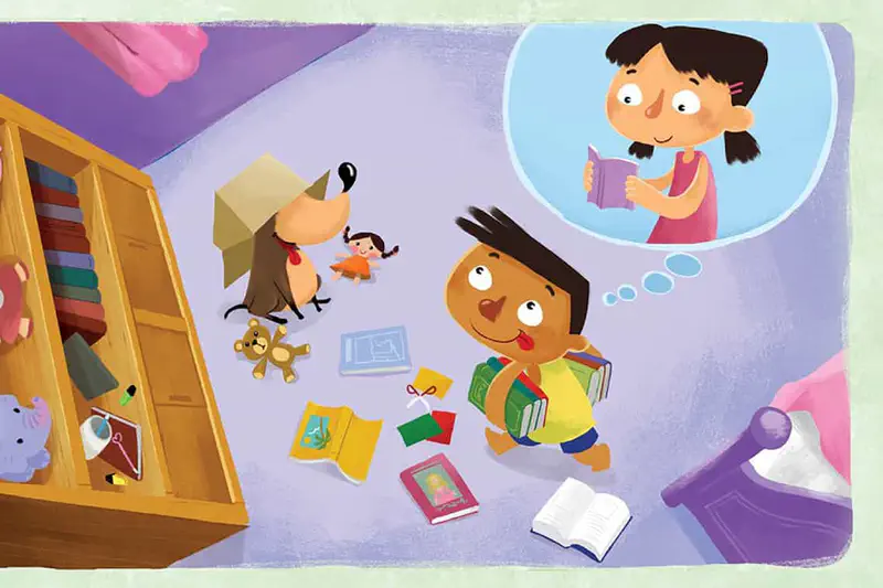 A boy carries a stack of books in a messy purple room while thinking about a girl reading. His dog plays with a doll near a cardboard box.