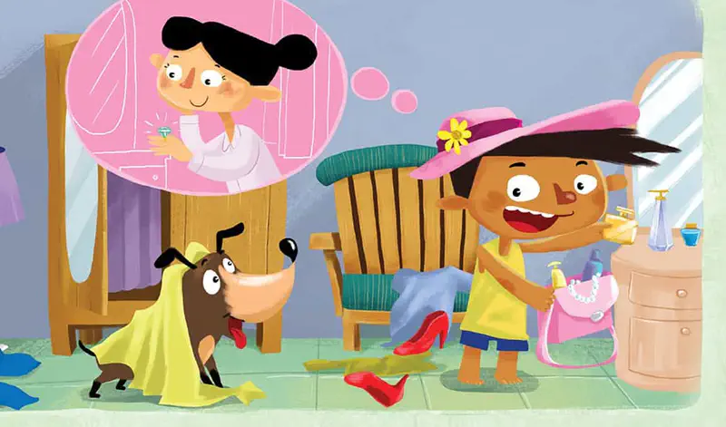 A boy wears a pink hat and holds a purse while thinking of a pretty woman with a diamond. His dog is wrapped in a yellow cloth.