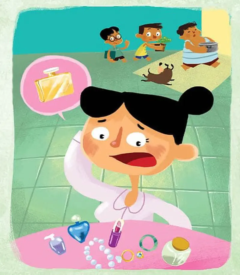 A woman thinks about a handbag while sitting at a table with jewelry. In the background, kids and a dog are playing together.