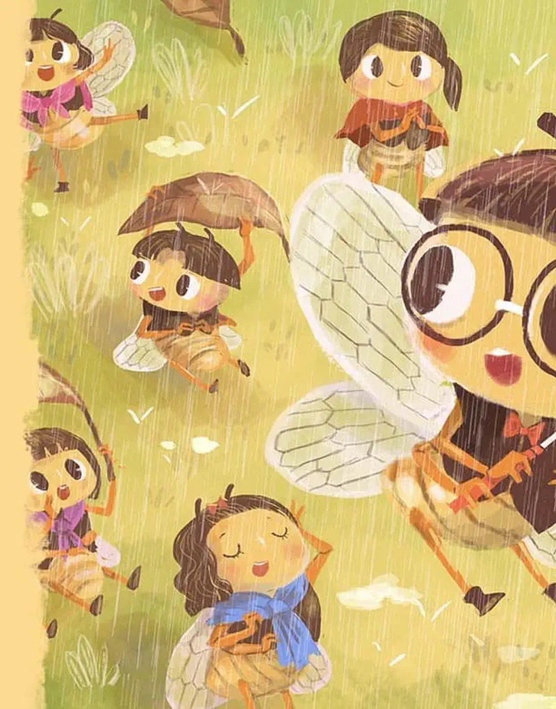 Cute bee children playing in the rain on a grassy field, some holding leaf umbrellas, with a bee wearing glasses flying nearby.