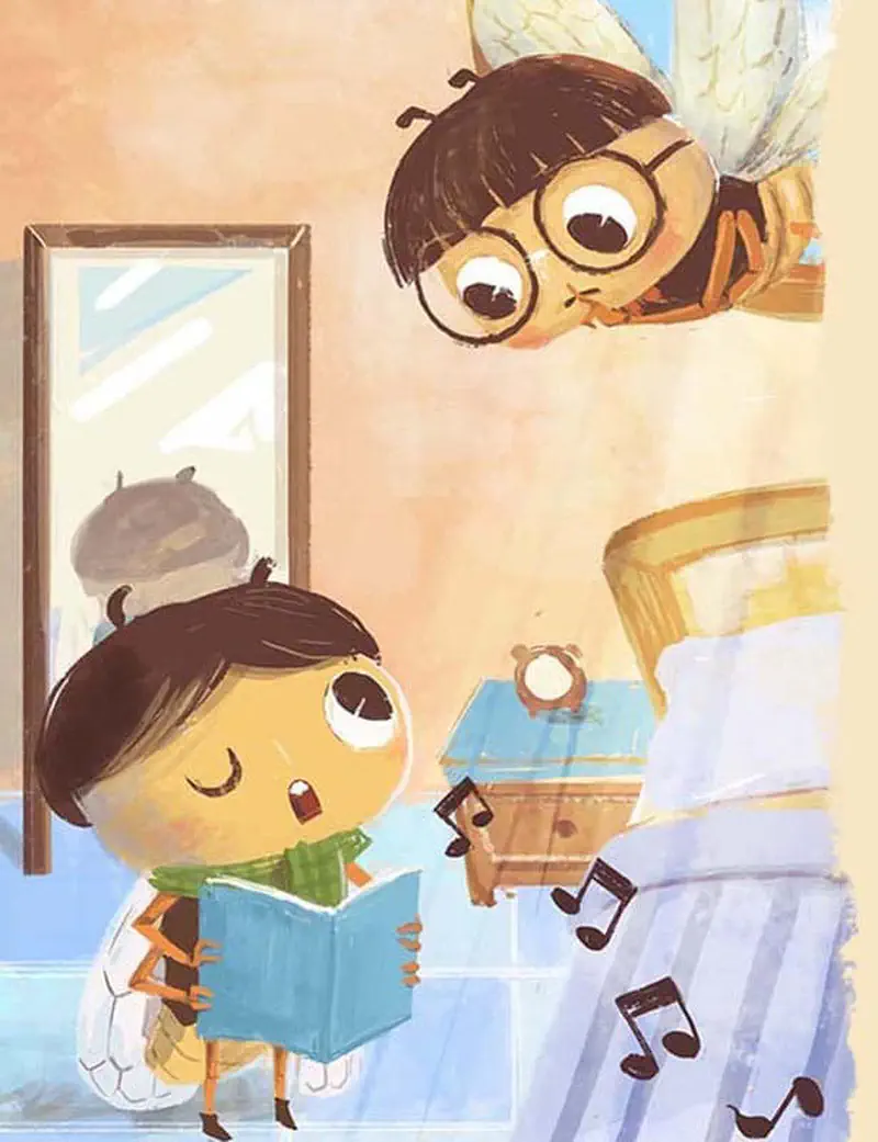 A young bee wearing a beret and green scarf sings from a book in a cozy bedroom while another bee with glasses watches from above.