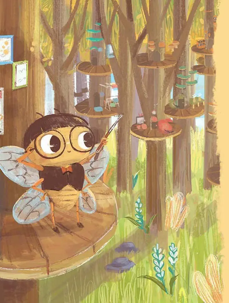 A bee teacher with glasses and bow tie holds a conductor baton on a mushroom platform in a whimsical forest with tree stump shelves.