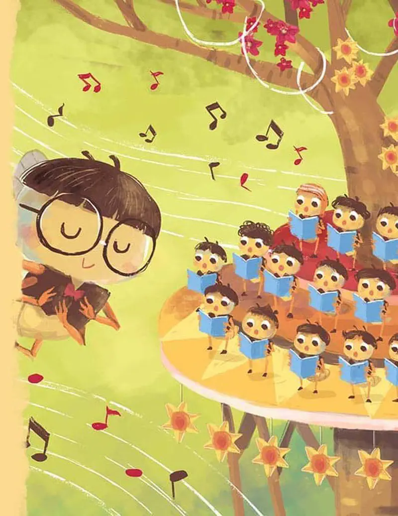 A bee conductor with glasses leads a choir of young bees holding blue songbooks on an outdoor stage with music notes floating in the air.
