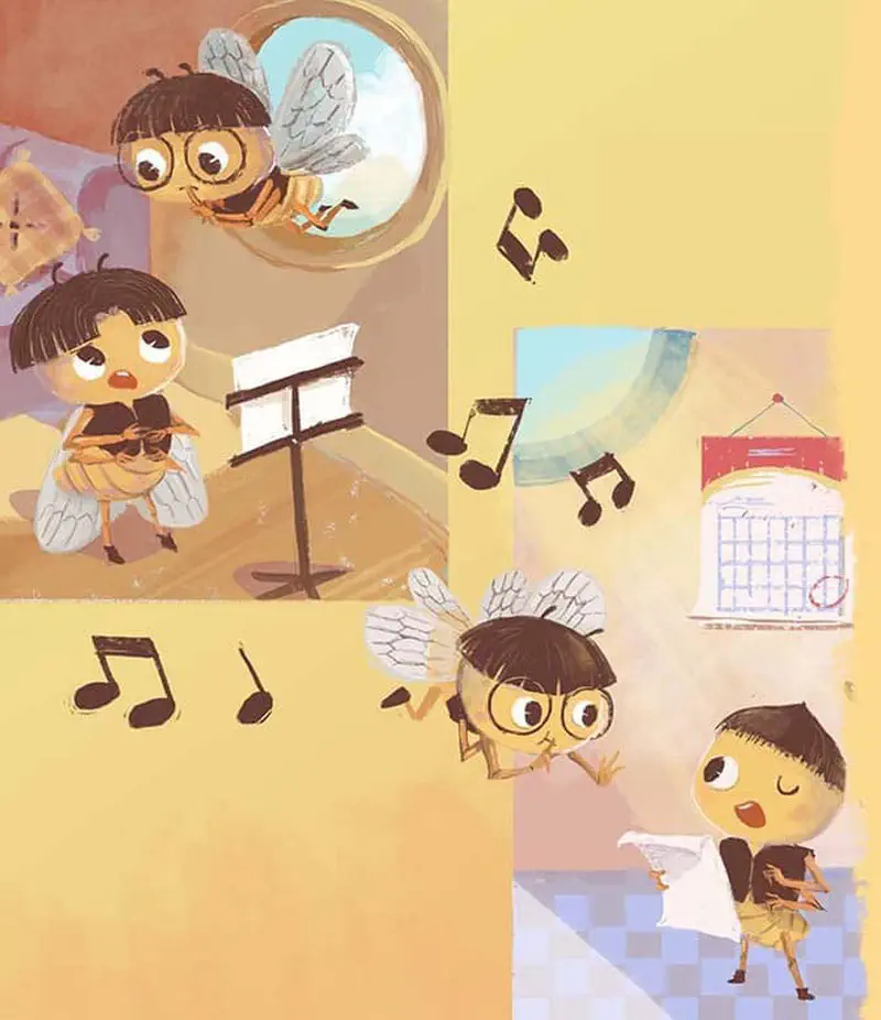 Split scene showing a young bee practicing singing with a music stand while another bee practices at home with a calendar marking concert day.