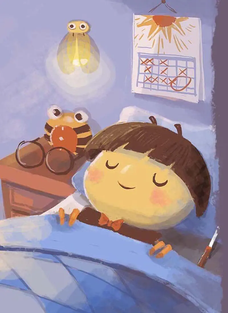 A young bee sleeps peacefully in bed with a stuffed bee toy and glasses on the nightstand, calendar on wall showing concert countdown.