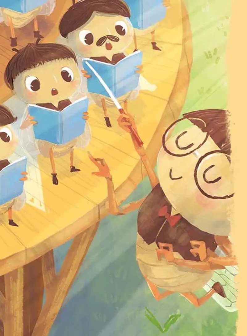 A bee conductor with glasses leads young bee choir members holding blue songbooks on a wooden stage platform outdoors.
