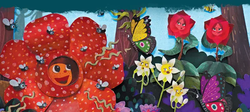 A happy big red rafflesia flower surrounded by flies, with grumpy roses, worried daisies, butterflies, and orchids in a colorful garden.