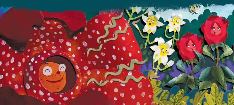The big red rafflesia flower smiling contentedly while nearby daisies look worried and red roses appear annoyed in the garden.