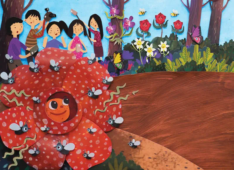 Children gather excitedly around the big red rafflesia flower covered in flies, taking photos in a forest garden with butterflies and other flowers.