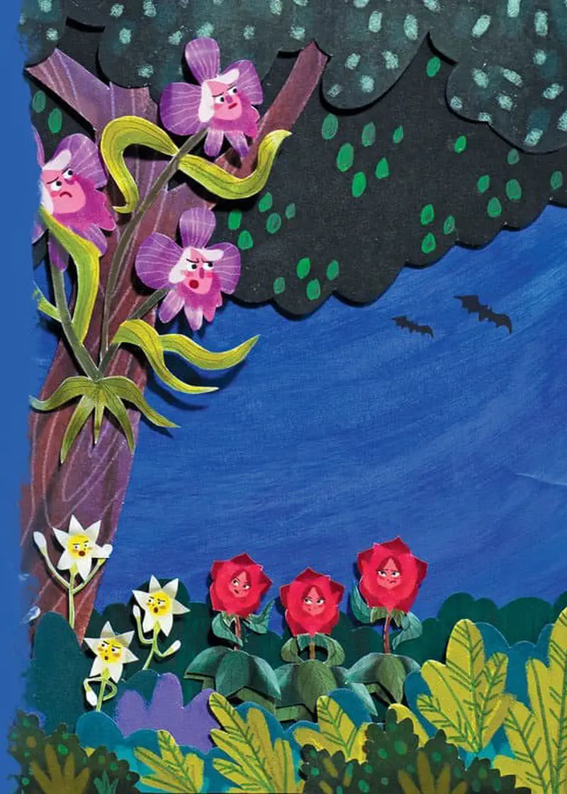 A nighttime garden scene with grumpy pink orchids on a tree, worried white daisies, and sleepy red roses under a dark sky with bats.