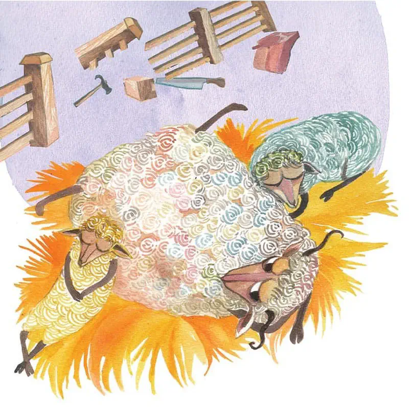 Three sheep sleep together on golden hay with broken wooden fence pieces and tools scattered above them in a thought bubble.