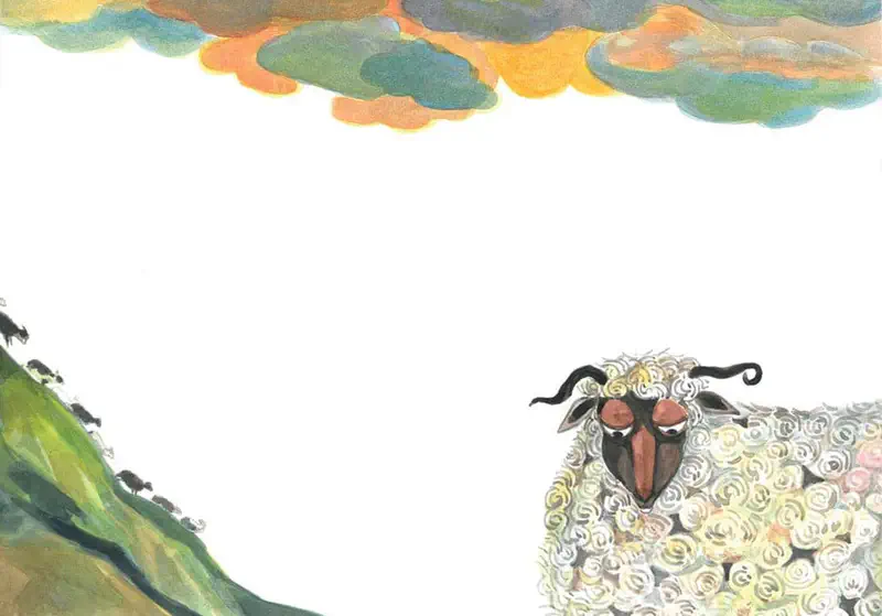 A big woolly sheep with curly horns stands alone looking sad while other sheep walk away up a green hill under colorful clouds.
