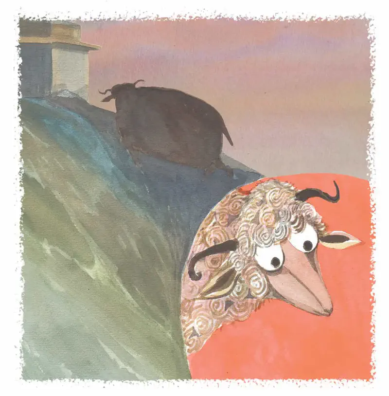 A worried-looking woolly sheep peeks over a green hillside while a black bull silhouette stands near a chimney at dusk.