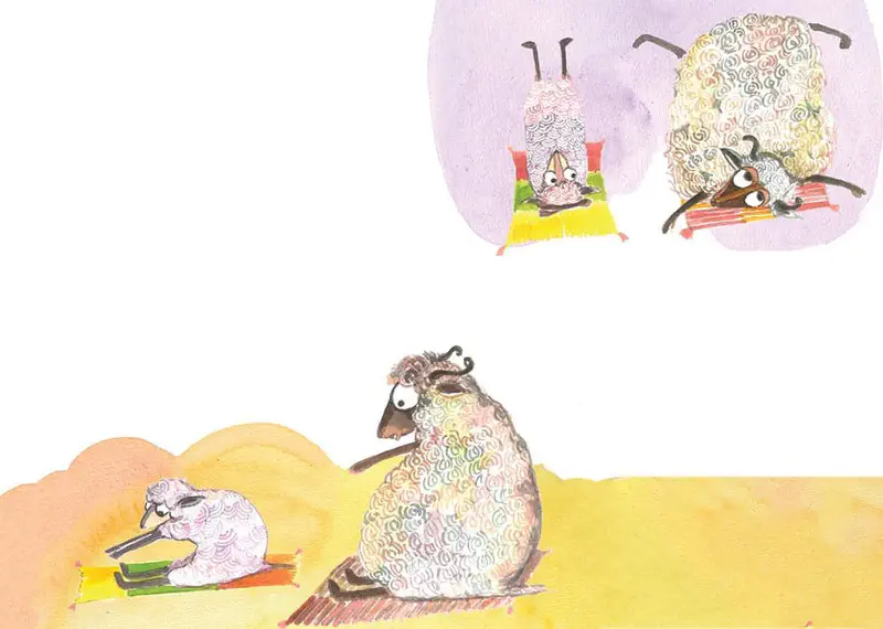 Sheep doing yoga poses on colorful mats - some doing headstands upside down while a big sheep watches a small sheep stretching nearby.