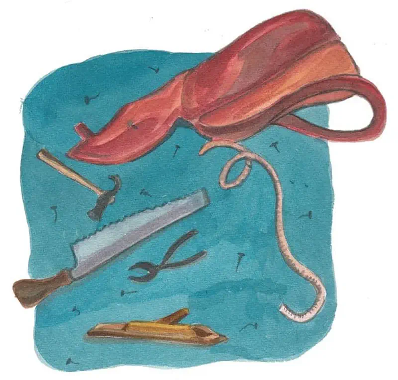 Underwater scene showing red swim flippers, a coiled rope, saw, pliers, and wooden boards floating in teal water with small nails scattered around.