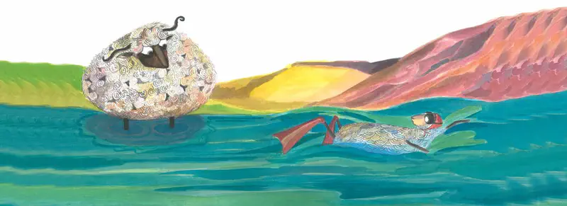 A round fluffy sheep stands confused in shallow water while a small sheep wearing goggles and red flippers swims past colorful hills.