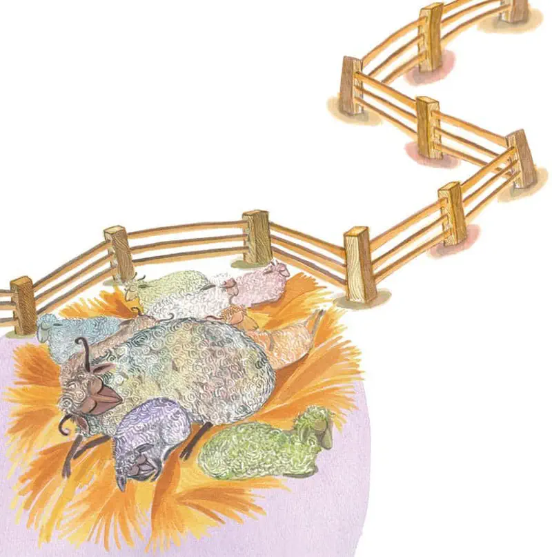 Colorful sheep of various sizes cuddle together sleeping on golden hay inside a curved wooden fence enclosure.