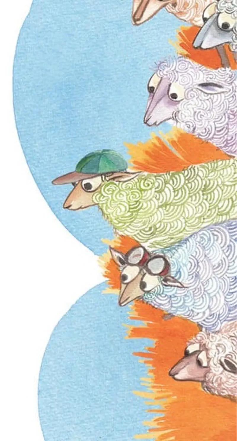 A row of colorful sheep with different wool colors including green, pink, blue and white, one wearing a cap, standing on orange hay.