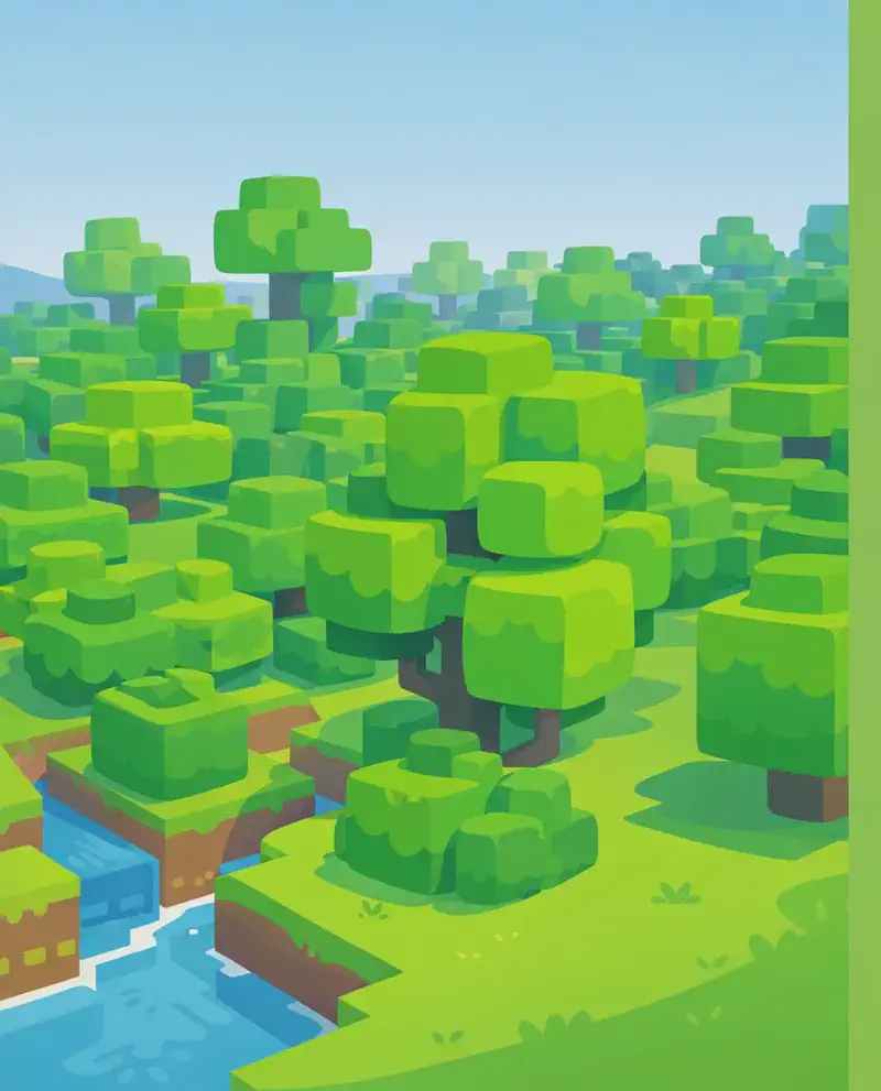 On the left side of the image, a dense Minecraft-style forest stretches across the landscape under a pale blue daytime sky, with blocky green trees of varying heights clustered together on rolling green terrain. A small creek cuts deep through the land in the bottom-left corner. The right ~40% of the image is a semi-transparent green overlay providing a plain area for text. No characters are present in the scene.