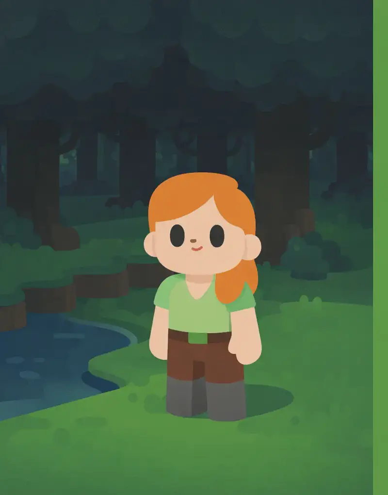 On the left side of the image, a dense dark oak forest stretches across the scene, with tall dark oak trees forming a thick canopy overhead that blocks out nearly all light, making the forest floor feel almost like nighttime. Green grass blocks cover the ground, and a small pond is visible to the lower left. The right side of the image is a plain green overlay, clear for text placement.