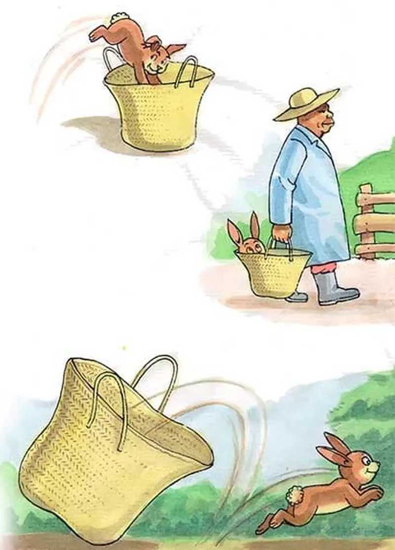 Two scenes showing a brown rabbit jumping into a basket, a farmer carrying it, then the rabbit escaping and running into bushes.