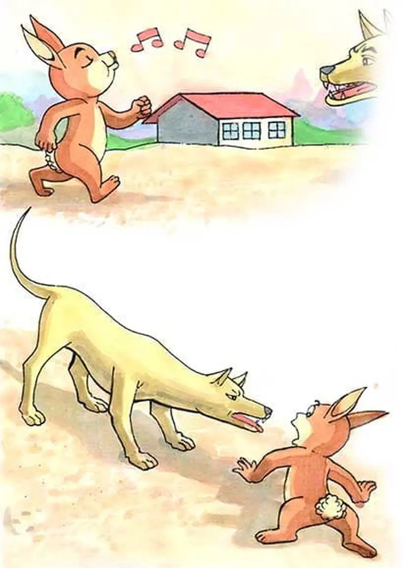A brown rabbit walks happily humming music notes near a farmhouse, unaware of a yellow dog approaching, then confronting the dog below.
