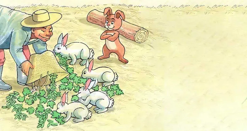 A farmer in a straw hat feeds green leaves to white rabbits from a basket while a brown rabbit stands apart with arms crossed near a log.