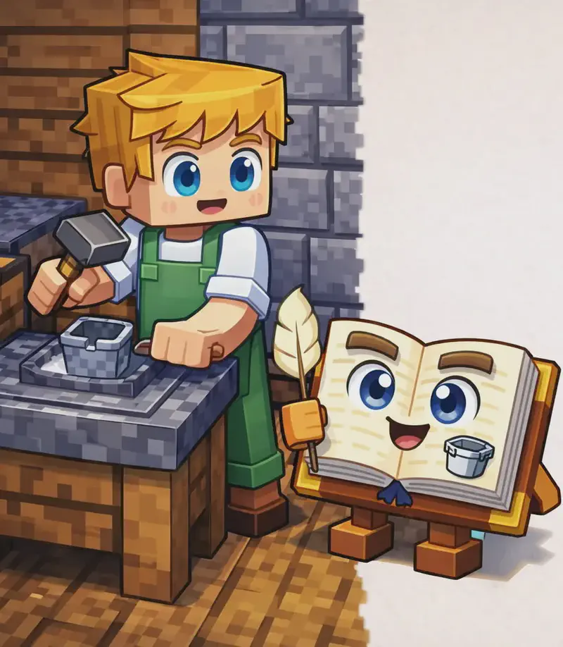 On the left side of the image, Ned stands in a workshop interior, facing a crafting table/workbench, hammering a piece of iron into the shape of a bucket with a determined expression. The Book stands at Ned's side on its two short blocky brown legs, open pages showing a picture of a bucket. The indoor setting has wooden plank flooring and stone-block walls, with storage chests visible beside the workbench. The right side of the image is plain light background. The style is Minecraft-inspired blocky 3D rendering.