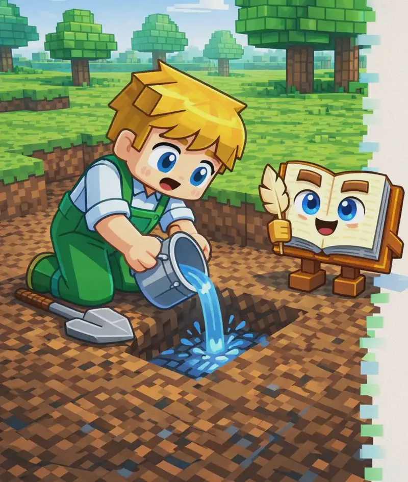On the left side of the image, Ned is kneeling on a large patch of brown dirt in an outdoor field, tipping an iron bucket of water into a freshly dug hole in the soil, with a hopeful but strained expression. A shovel rests on the ground beside him. The Book stands near the edge of the dirt patch on its two short blocky brown legs, open pages facing Ned. Green grass and several blocky trees fill the background behind the dirt area. The soil around the hole is visibly darkening as it becomes moist from the water. The right ~40% of the image is plain light background reserved for text. The scene is rendered in a Minecraft-style blocky 3D aesthetic with bright daytime lighting.