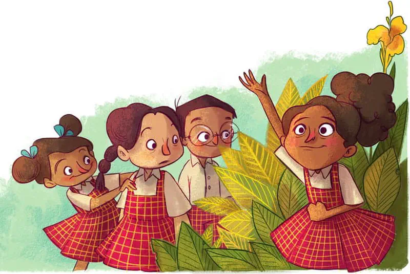 Four school children in red plaid uniforms stand among tropical plants with yellow flowers, one girl raising her hand enthusiastically.