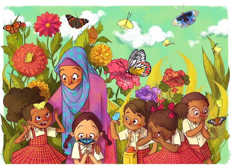 A teacher in purple hijab guides excited school children through a colorful butterfly garden filled with flowers and various butterflies flying around.