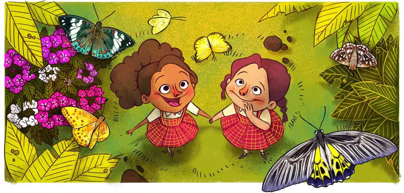 Two girls in red plaid uniforms lie on the grass holding hands, surrounded by colorful butterflies and pink flowers in a garden from above.