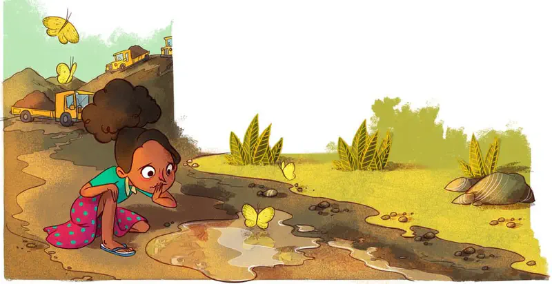 A young girl crouches sadly watching yellow butterflies near a muddy puddle while construction trucks work in the background destroying habitat.