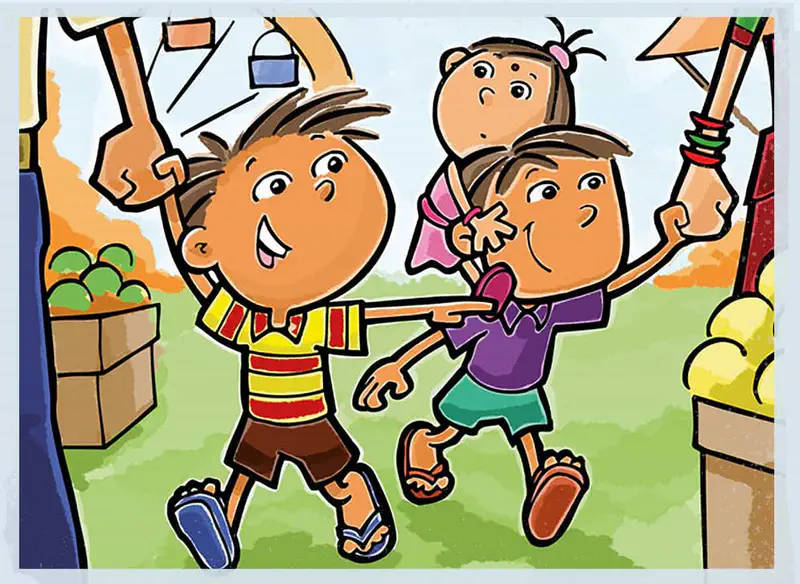 Two children excitedly run through a busy market with fruit stands while adults watch from the background.