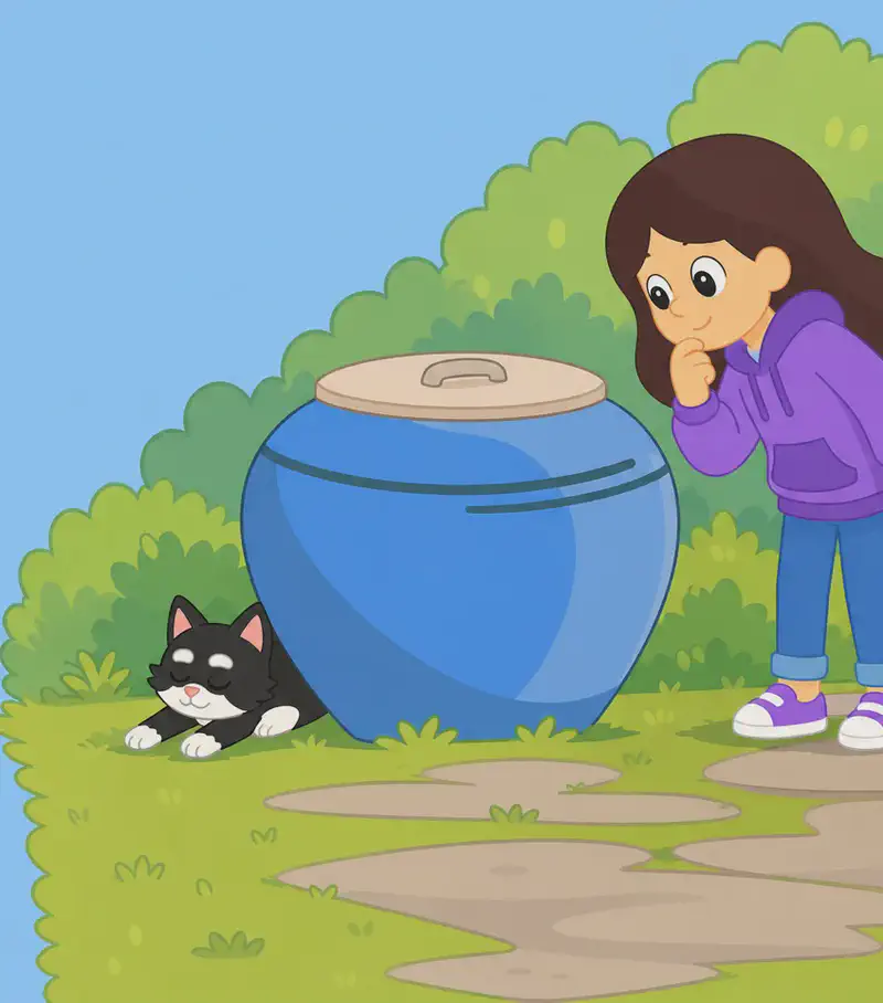 On the right side of the image, Girl stands on a stone path next to a large, blue lidded pot, leaning forward with one hand raised to her chin in a curious, puzzled expression as she peers around it. Kit is crouched low on the ground behind the base of the pot, partially hidden, appearing to be sneaking or hiding with eyes slightly closed. The scene is set outdoors on a sunny day in a suburban yard with green grass and hedges in the background.