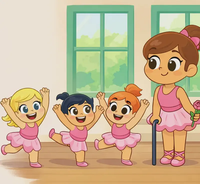 On the right side of the image, The Ballerina stands on a wooden dance studio floor, leaning on a walking cane with a gentle, warm smile as she watches three young girls dancing joyfully beside her. The children have their arms raised and are mid-movement, grinning and laughing with excitement. Behind them, large green-paned studio windows let in soft daylight, with hints of greenery visible outside.