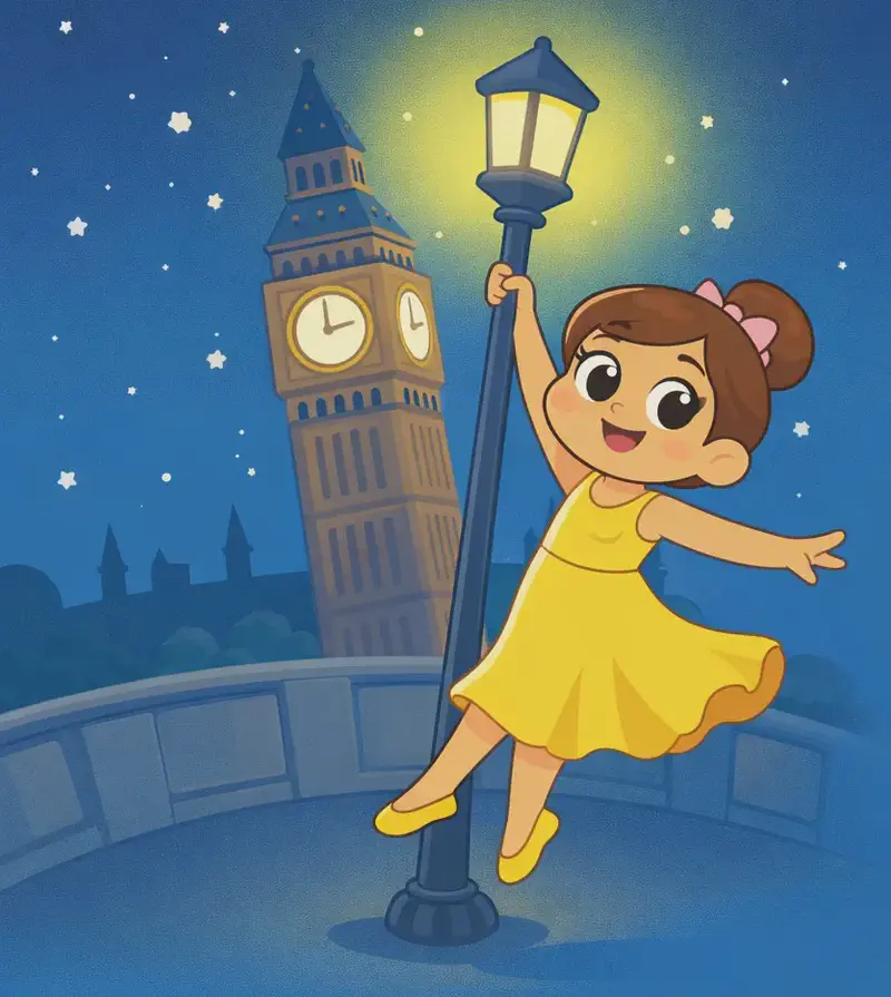 On the left side of the image, The Ballerina is posed gracefully on one foot, swinging around a glowing street lamp post with one arm reaching up to grasp it and the other extended elegantly outward. She has a joyful, confident smile. The scene is set outdoors at nighttime in a city, with a starry dark teal sky, a prominent clock tower, and a bridge visible behind her. The street lamp casts a warm glow above her.