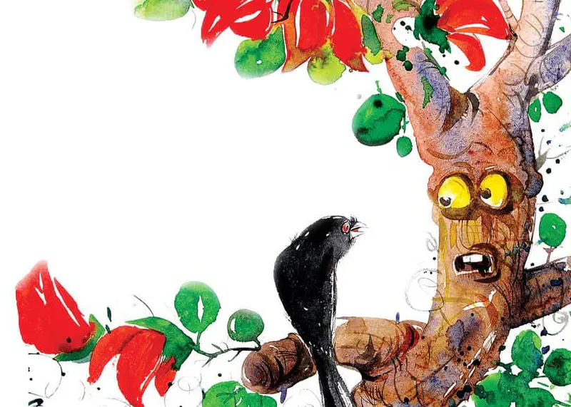 A black cuckoo bird sits on a tree branch near a funny-faced tree with big yellow eyes, surrounded by red flowers and green leaves.