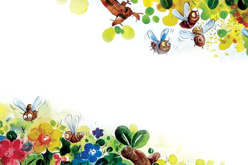 Cheerful bees and insects fly among colorful spring flowers in red, yellow, and blue, with a caterpillar crawling among the blooms.