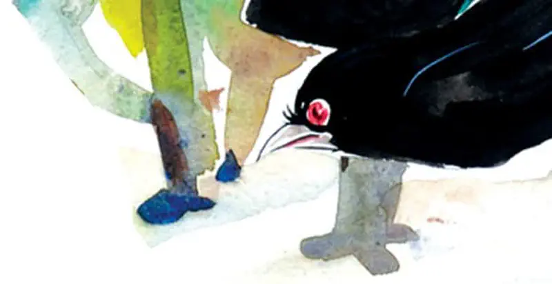 Close-up of a black cuckoo with red eyes standing near the feet of another bird, showing its grey claws against a simple background.