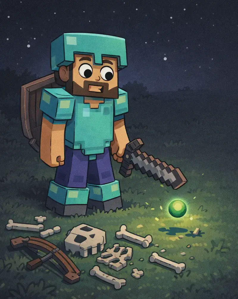 On the left side of the image, Steve, a blocky Minecraft-style figure with a square head, tan/light-brown skin, short dark-brown hair, a full dark-brown beard, and large round white eyes with black pupils, stands on open grassland at nighttime in a post-combat stance, wearing cyan diamond armor with a matching helmet, chest plate, and leggings over his canonical teal/cyan shirt and deep purple-blue pants, with dark gray boots with lighter gray tops. He holds a dark netherite sword in his right hand and looks down at a small green glowing orb of experience floating up from the ground where Skeleton fell. Scattered white skeleton bones and a wooden bow lie on the grass nearby. Steve's wooden shield is strapped to his back. He faces the viewer at a three-quarter angle with a satisfied expression. The scene is dark with a starry sky overhead, with faint moonlight illuminating the grassy terrain. The right side of the image fades into the dark night landscape.