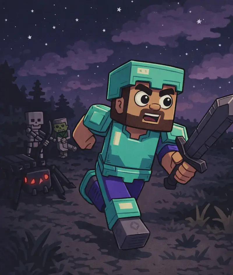This is a Minecraft-style scene set at nighttime under a starry sky with purple-tinged clouds. On the right side of the image, Steve, a blocky Minecraft-style figure with a square head, tan/light-brown skin, short dark-brown hair, a full dark-brown beard, and large round white eyes with black pupils, is sprinting forward across dark grassy terrain, wearing cyan diamond armor with a matching helmet, chest plate, and leggings over his canonical teal/cyan shirt and deep purple-blue pants, with dark gray boots with lighter gray tops. He holds his dark netherite sword in one hand and has a determined, urgent, slightly alarmed expression as he runs, facing the viewer at a three-quarter angle. Spider can be seen creeping toward Steve from the shadows on the left, its multiple glowing red eyes visible among the dark blocky landscape. Further behind in the mid-ground, a Skeleton stands with its bow drawn and an arrow on the string, and a Baby Zombie riding a Chicken can be seen in the background — the small green zombie perched on the white-feathered chicken. The environment is dim and foreboding, with dark trees barely visible in the low nighttime light.