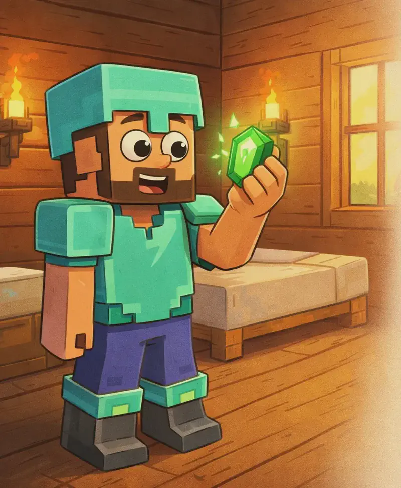 On the left side of the image, Steve, a blocky Minecraft-style figure with a square head, tan/light-brown skin, short dark-brown hair, a full dark-brown beard, and large round white eyes with black pupils, stands inside a small, warmly lit wooden cabin, holding a glowing green emerald up in front of him with one hand, examining it closely with a curious, fascinated smile. Steve wears cyan diamond armor with a matching helmet, chest plate, and leggings over his canonical teal/cyan shirt and deep purple-blue pants, with dark gray boots with lighter gray tops. Two torches mounted on the walls cast warm orange light across the cozy interior. A white bed with woollen covers is visible in the corner behind Steve. Morning sunlight streams in through a window on the right. The emerald glows bright green, and deep inside it a strange, brighter green flame-like light dances visibly. Steve faces the viewer at a three-quarter angle. The right side of the image has warm, sunlit interior background.