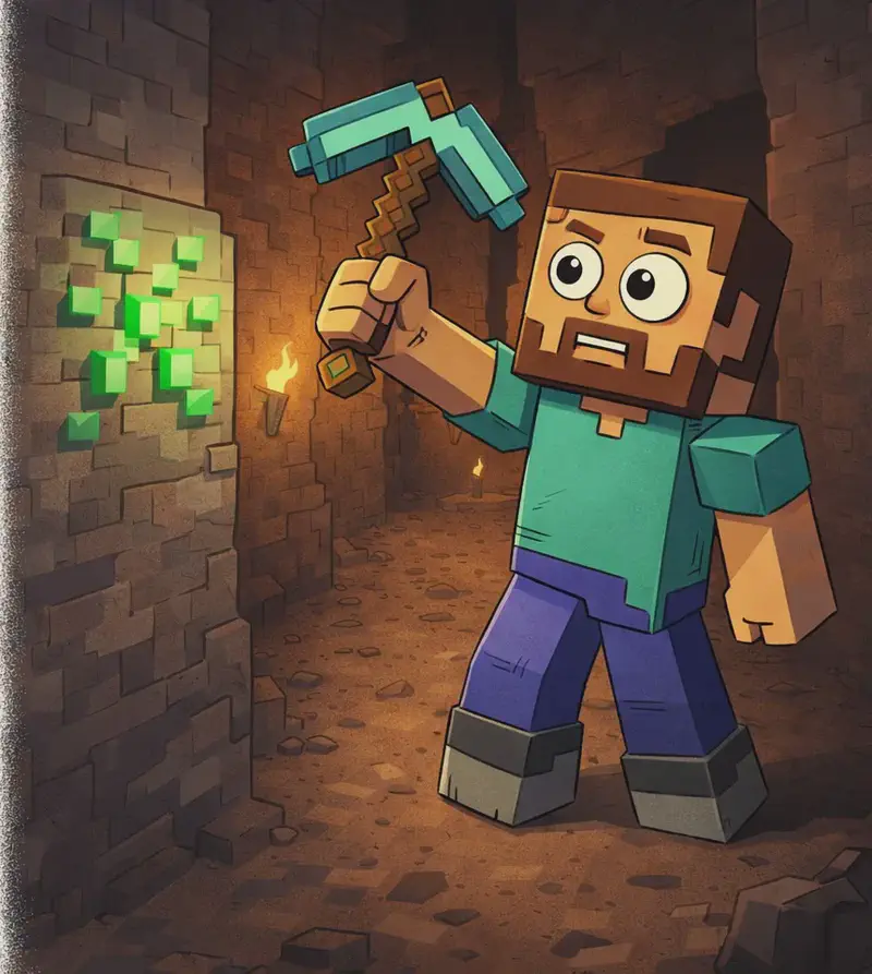 On the right side of the image, Steve, a blocky Minecraft-style figure with a square head, tan/light-brown skin, short dark-brown hair, a full dark-brown beard, and large round white eyes with black pupils, wearing a teal/cyan short-sleeved shirt, deep purple-blue pants, and dark grey boots with lighter grey tops, stands in a dark underground cave holding his cyan diamond pickaxe raised mid-swing in his right hand. He looks toward a bright green emerald ore block embedded in the cave wall to the left, his expression alert and surprised, having just noticed the green flash amid the dark rocky surroundings. The cave is dimly lit with warm torchlight glowing faintly in the background, and rough stone and dirt walls surround the narrow tunnel. Steve faces the viewer at a three-quarter angle.